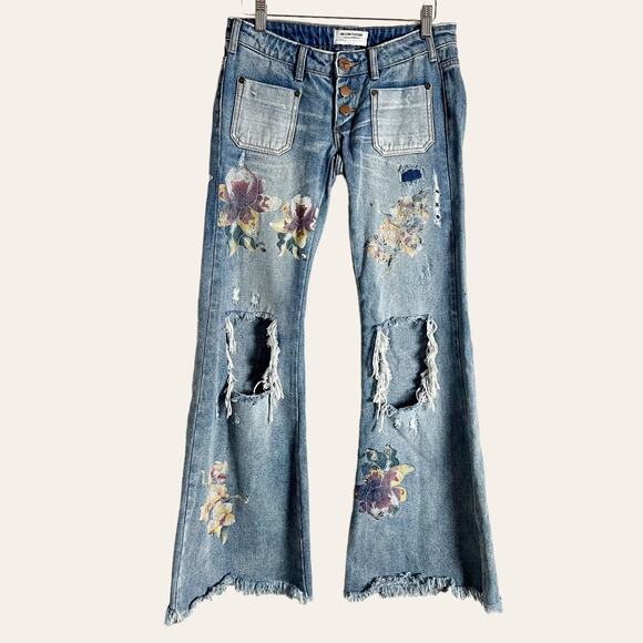 One Teaspoon Orchid Flare Leg Distressed Floral Patch Pocket Jeans 25 - Picture 4 of 16
